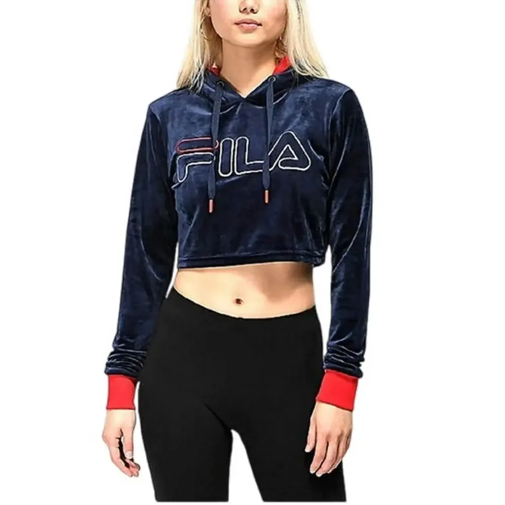 FILA Antonella Navy Velour Crop Hoodie Size Large - Picture 1 of 5